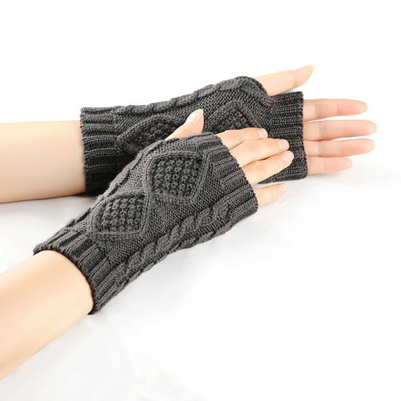 QUOTAY Autumn Winter Cable Pattern Knitted Fingerless Gloves Wrist Warmers Arm Sleeves for Women Thermal Grey,A