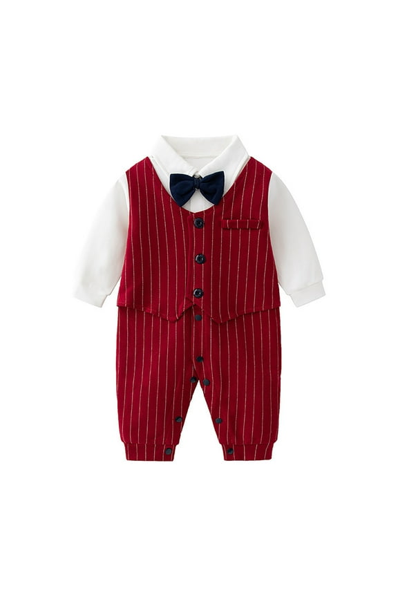 Baby Boy Romper British Style with Bowtie Long Sleeve Formal Outfit for Boys Stylish Tuxedo Suit Jumpsuit 01_Red,59