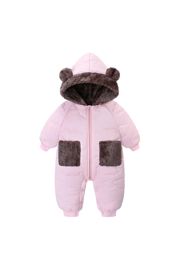 Baby Boys Girls Lined Hooded Jumpsuit Winter Warm Romper Thick Coat Outwear Long Sleeve Clothes Z03_Pink,70