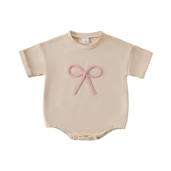 QUOTAY Baby Boys Girls Short Sleeve Bowknot Embroider Pullover Baby Romper Sweatshirt Bodysuits Beige,6-12 Months