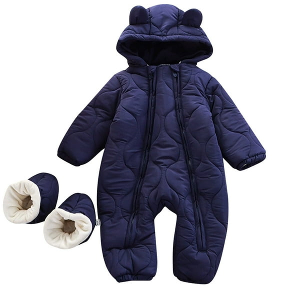 QUOTAY Baby Boys Snowsuit Winter Warm Outfit with Double Zipper Hooded Romper for Infants 0 24 Months Outdoor Play and Winter Jacket Navy,0-3 Months