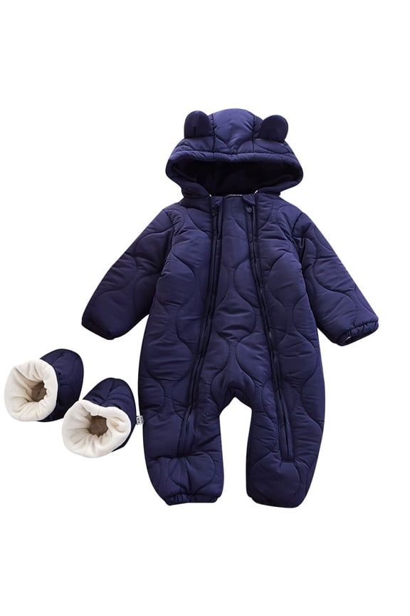 Baby Boys Snowsuit Winter Warm Outfit with Double Zipper Hooded Romper for Infants 0 24 Months Outdoor Play and Winter Jacket Navy,0-3 Months