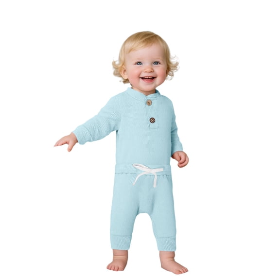 QUOTAY Baby Girl Outfits Winter Outfits Sets Warm Long Sleeve Romper and Pants Two Piece Set Soft Comfy Clothes for Daily Wear Blue,0-3 Months