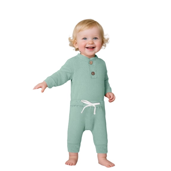 QUOTAY Baby Girl Outfits Winter Outfits Sets Warm Long Sleeve Romper and Pants Two Piece Set Soft Comfy Clothes for Daily Wear Light Green,0-3 Months