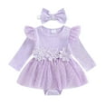 thumbnail image 1 of QUOTAY Baby Girls Long Sleeve Lace Dress with Floral Applique and Skirt for Photoshoot Kids Jumpsuit Wear 0-18 Months 02_Purple,6-9 Months, 1 of 3