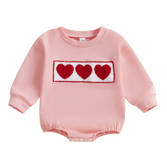 QUOTAY Baby Romper Valentine's Day Heart Embroidery Long Sleeve Oversized Sweatshirt Style Romper for Pink,0-3 Months