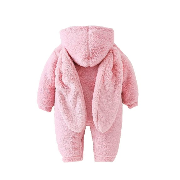 QUOTAY Baby Romper Winter Warm Teddy with Hood Long Ears Bunny Outfit for Girls and Boys Long Sleeve Jumpsuit Pink,80