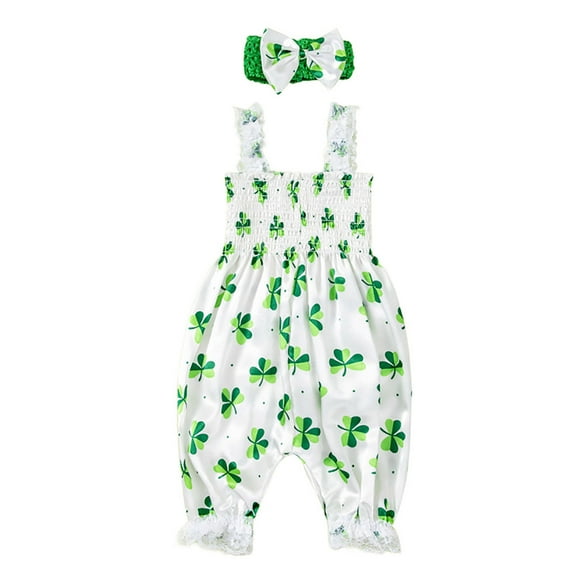 QUOTAY Baby Toddler Baby Girl Baby Romper St Patricks Day Jumpsuit Bodysuit Tops with Headband Clothes Outfit White,6-12 Months