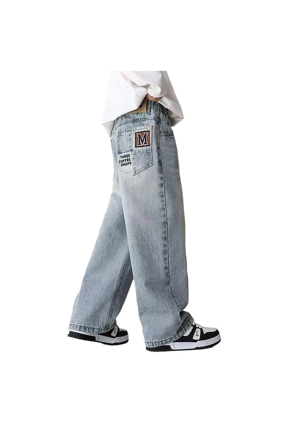 Baggy Jeans Boys Wide Leg Elastic Waist Cargo Trousers Denim Boys Pants for Children 04_Light Blue,9-10 Years