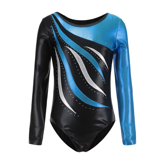 QUOTAY Bodysuit Long Sleeve Sparkling Rhinestone Dance Leotard for Girls Gymnastics Ballet Latin Performance and Practice 3-12 Years Long Sleeve Romper 02_Blue,110