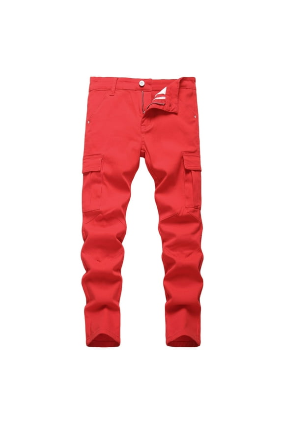 Boys Jeans in Red High Street Fashion Boys Pants for Kids Comfortable Stretch Cargo Denim Trousers Spring Autumn 07_Red,6-7 Years