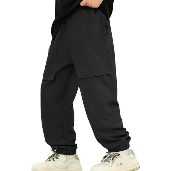 QUOTAY Boys Outdoor Hiking Pants Windproof Boys Pants for Kids with Reinforced Knees and Cargo Pockets 8-16 Years 03_Black,8-9 Years