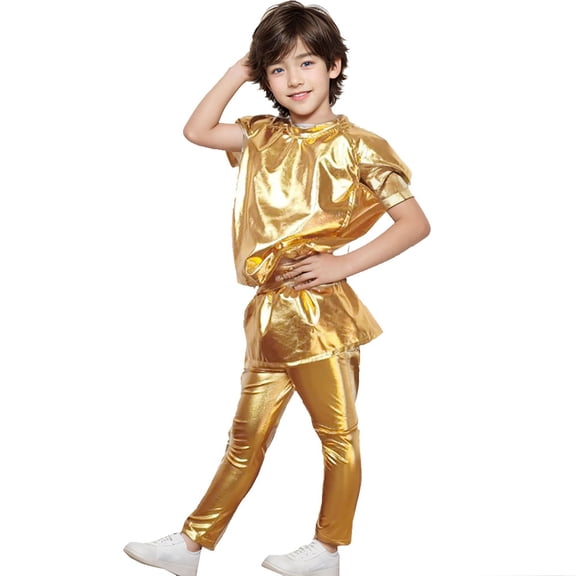 QUOTAY Boys Performance Stretch Fit Colorful Shirts for Dance Choir and Casual Wear Going Out Tops Batwing Sleeve for Carnival Ages 4-10Years Gold,M