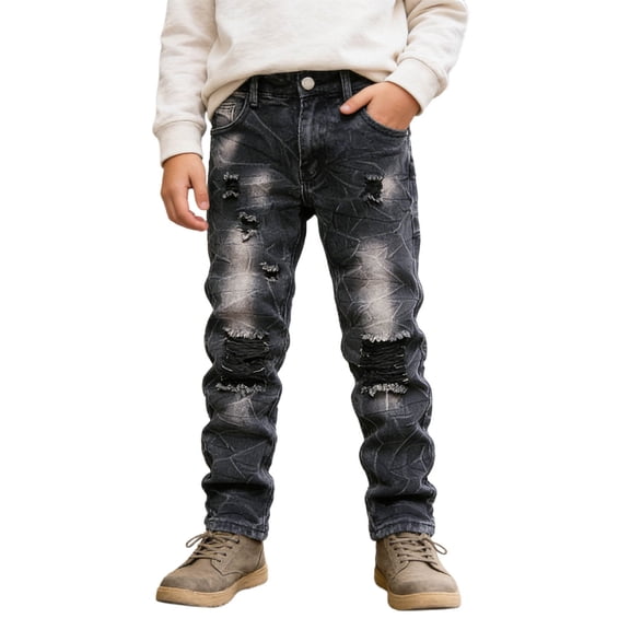 QUOTAY Boys Ripped and Embroidered Jeans Straight Leg Distressed Denim Pants Casual Comfortable Long Toddler Boy Pants Style Fashion for 6-16 Years Black_02,10