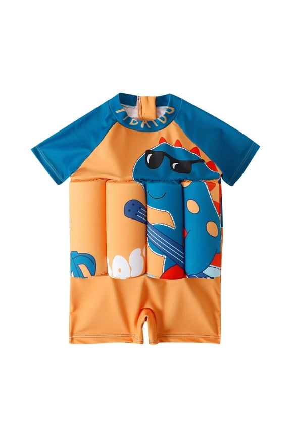 Boys Short Sleeve Buoyancy Swim Suit Cartoon Print Swimsuit for Toddlers 2y-6y 02_Yellow,100-L