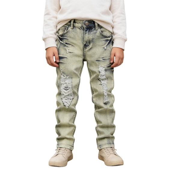 QUOTAY Boys Stretch Embroidered Blue Ripped Straight Leg Distressed Jeans Casual Boys' Pants Denim Long Comfortable for 8-16 Years Light Yellow_01,10
