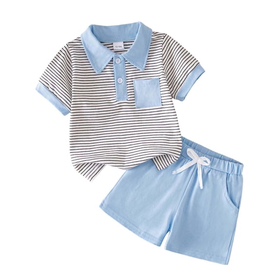 QUOTAY Boys Summer Outfits Striped Short Sleeve Button Down Collar Top with Shorts Versatile Casual Wear 2 Piece Set for Toddler 1-5y 03_Blue,4Y