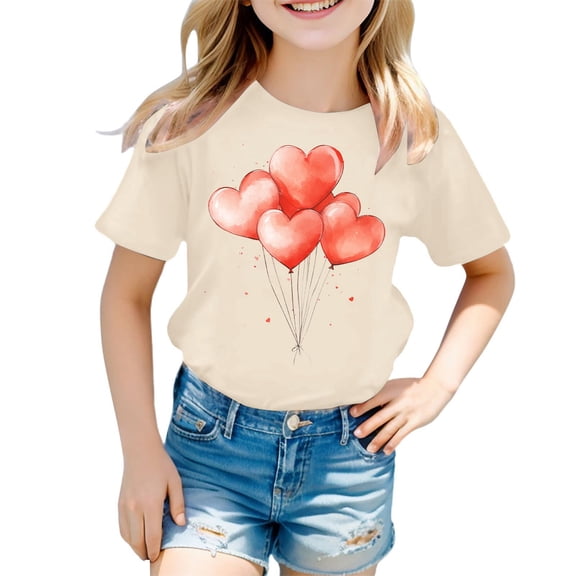 QUOTAY Casual Short Sleeve Top for Girls with Playful Heart Balloon Graphic Cute and Soft Summer Tops for Children Daily Wear Tee Beige_03,100