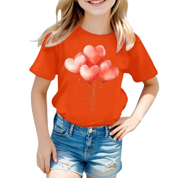 QUOTAY Casual Short Sleeve Top for Girls with Playful Heart Balloon Graphic Cute and Soft Summer Tops for Children Daily Wear Tee Red_03,120