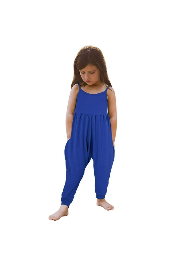 Clothes Kids Girls Jumpsuit Romper Summer Backless Toddler Girls Strap Playsuit Baby Pants Outfits Solid 1-6Y 01_Blue,1-2 Years