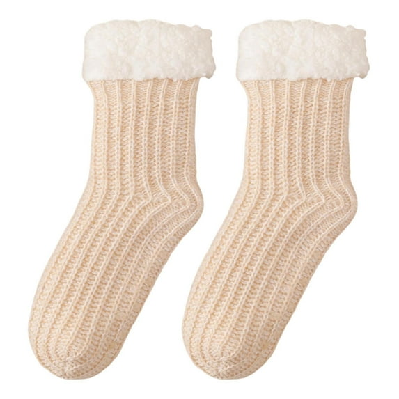 QUOTAY Cozy Lined Spa Slipper Socks for Women Winter Warm Slipper Socks Hosiery for Home and Sleep Thermal Knee High Stockings Beige,One Size
