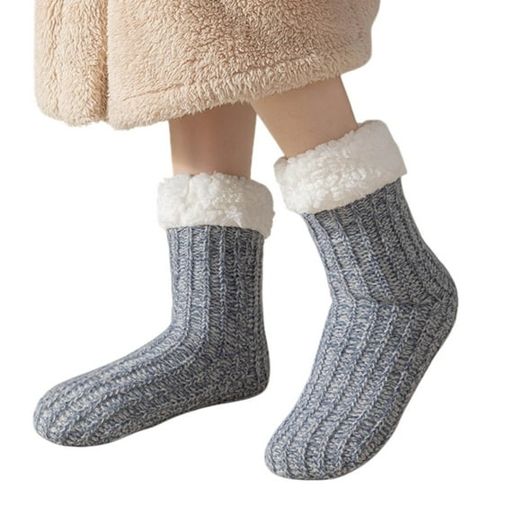 QUOTAY Cozy Lined Spa Slipper Socks for Women Winter Warm Slipper Socks Hosiery for Home and Sleep Thermal Knee High Stockings Sky Blue,One Size