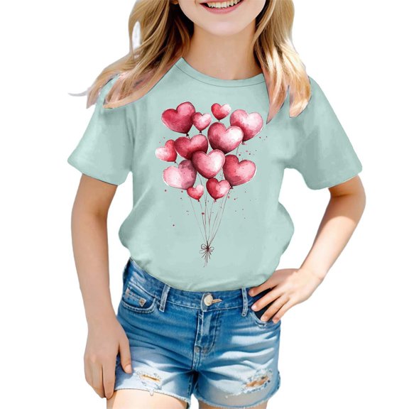 QUOTAY Cute Cartoon Heart Balloon Print Short Sleeve T-Shirt Girls Tops for Summer Soft Comfortable Casual Top for Children and Youth Mint Green_02,100