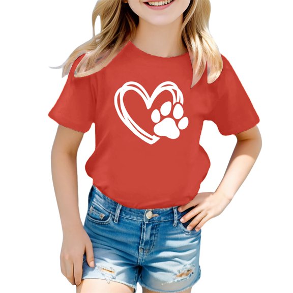 QUOTAY Cute Tops for Teen Girls Summer Short Sleeve T-Shirt with Adorable Puppy and Heart Print Soft Casual Top for Kids and Youth Watermelon Red,110