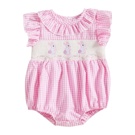 QUOTAY Easter Baby Girl Outfit Smocked Baby Romper Plaid Bodysuit Cute Toddler Summer Clothes 03_Pink,12-18 Months