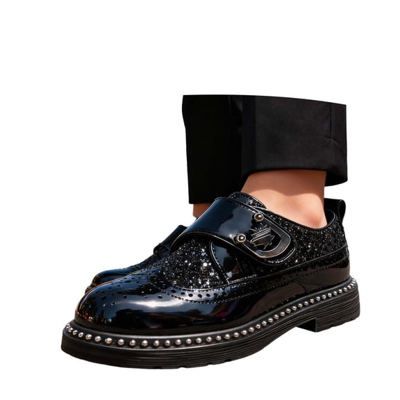 QUOTAY Elegant Boys Classic Style Shoes with Details and Easy Hook and Loop Closure for Stylish Performances Kids Slippers Boys Age 4-14 02_Black，7-8 Years