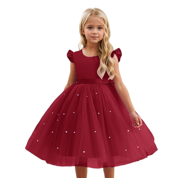 QUOTAY Elegant Girls Solid Color Party Dress with Puffy Sleeves and Tutu Skirt for Flower Girl Dress Pageant Performance and Formal Gown 01_Red,9-10 Years