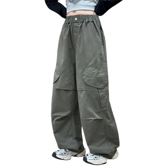 QUOTAY -Lined Cargo Pants with Heart Pockets Girls Sweatpants for Toddler and Big Kids Winter Casual Wide Leg Trousers Green,120