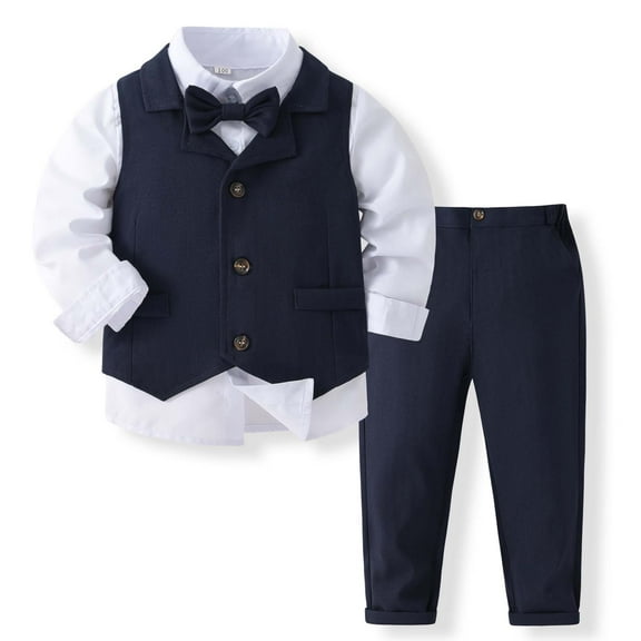 QUOTAY Formal Suits Set for Boys with Dress Shirt Vest Pants and Bow Tie Toddler Outfits for Boys Wedding Party and Occasions Z02_Blue,2-3 Years