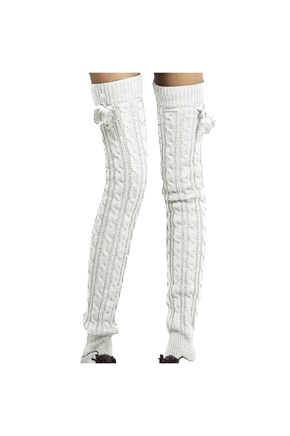 Fuzzy Over The Knee Cartoon Thigh High Socks for Home Winter Warm Socks for Women High Leggings Cozy Warm Socks with Pom Poms 02_White,One Size