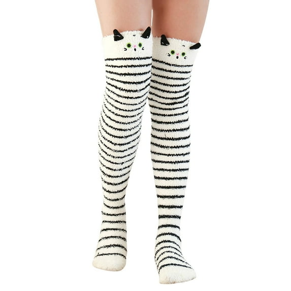 QUOTAY Fuzzy Over Knee Cartoon Thigh High Home Socks Winter Socks Socks Women's Warm High Leggings Warm and Cozy Socks 01_White,One Size