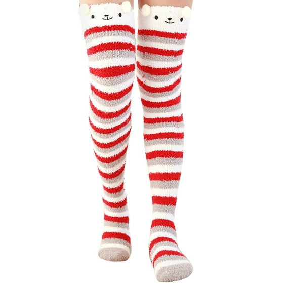 QUOTAY Fuzzy Over The Knee Cartoon Thigh High Home Socks Winter Cozy Socks Women's Warm High Leggings Warm and Soft Socks 02_Red,One Size