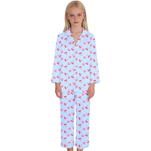 QUOTAY Girl Pajamas Set Cartoon Gradient Heart Print Long Sleeve Two Piece Pajamas Soft Loungewear Sleepwear For Kids 03_Sky Blue,110