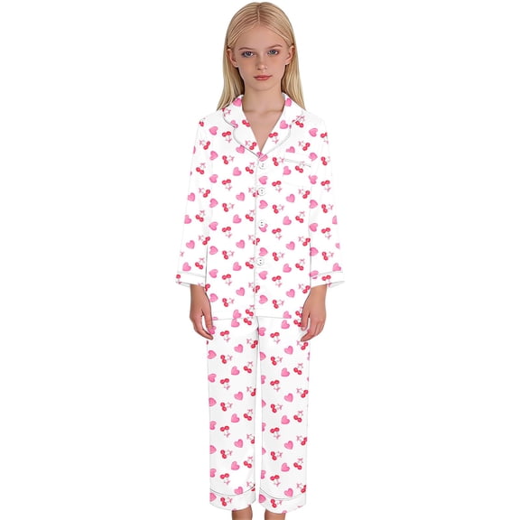 QUOTAY Girl Pajamas Set Cartoon Gradient Heart Print Long Sleeve Two Piece Pajamas Soft Loungewear Sleepwear For Kids 03_White,150