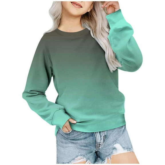 QUOTAY Girls Autumn Winter Gradient Printed Round Neck Long Sleeve Casual Hoodless Sweatshirt Loose Fit Top for Big Kids Hoodies for Teen Girls Green,4-5 Years