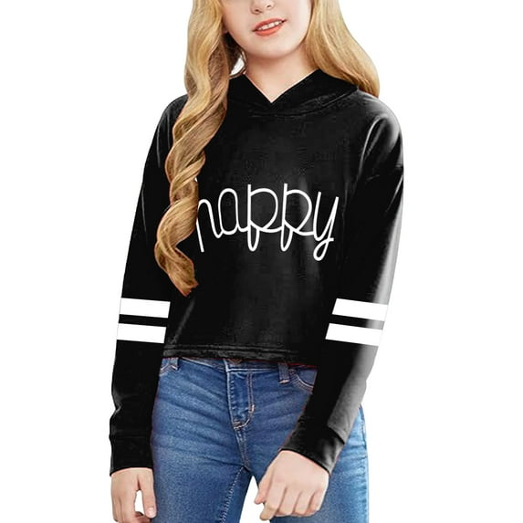 QUOTAY Girls Cropped Hoodie Short Pullover with Letter Print Loose Fit Long Sleeve Casual Sweatshirt Cute Top for Girls Cute Hoodies for Girls 01_Black,4-5 Years