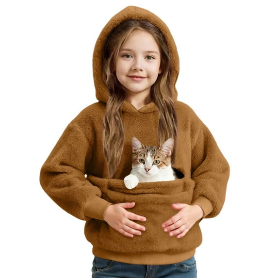 QUOTAY Girls Cute Sweatshirt with Puppy and Cat Shoulder Straps Pockets Long Sleeve Hooded Pullover Top for Casual Wear Age 3 to 14 Years Hoodies for Girls 03_Coffee,13-14 Years