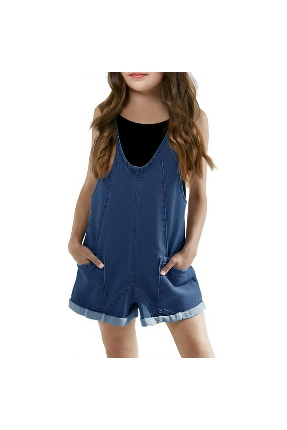 Girls Denim Overall Shorts Kids Summer Adjustable Straps Girls Jumpsuit Jeans Shortalls Dark Blue,6-7 Years
