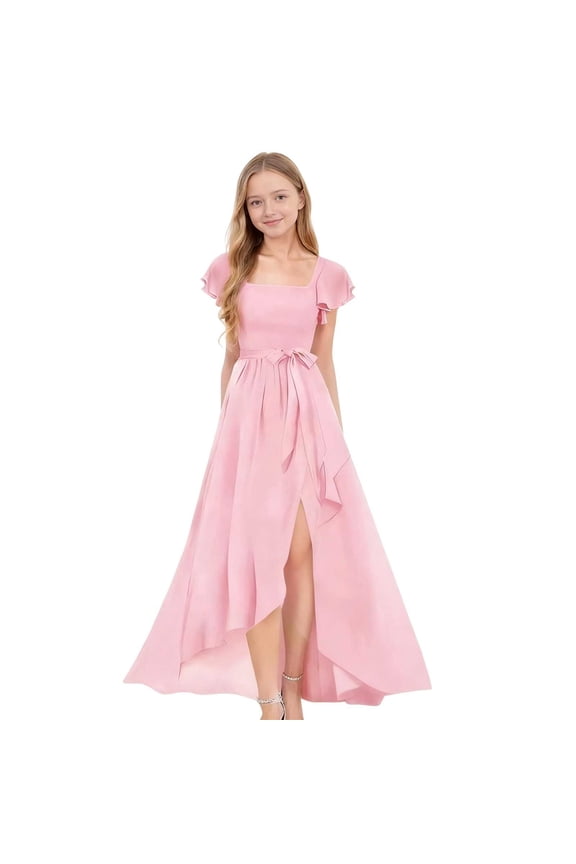 Girls Dresses Solid Color Flowy Short Sleeve Square Neck High Low Edge with Tie Detail Long Dress for Ages 7-13 Pink,120