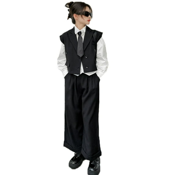 QUOTAY Girls Fashion Two Piece Outfits Suit Vest and Wide Leg Pants Set for Girls Casual Wear Stylish Vest Trousers Outfit Black,11-12Years