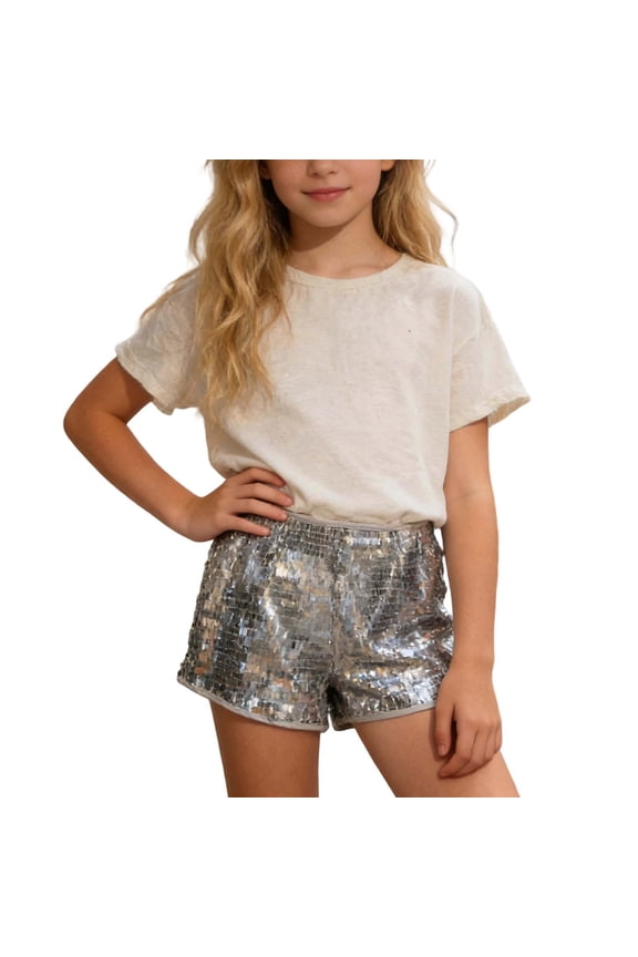 Girls Glitter Sequin Shorts High Waist Elastic Waistband Fashion Casual Three Quarter Length Pants for Autumn Spring Age 3-16 Years 01_Silver,120