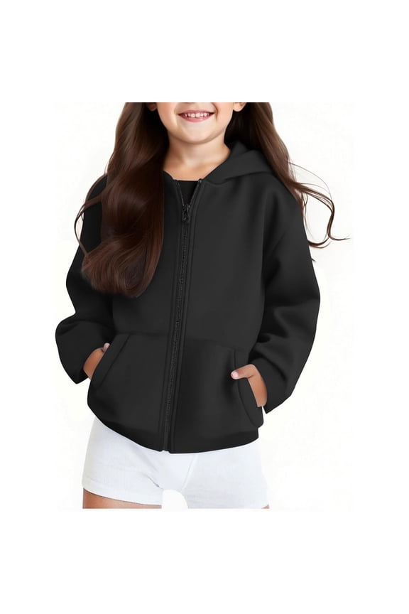 Girls Hooded Sweatshirt Kids Zip Up Jacket Warm Pullover with Straight Sleeves Casual Outerwear for Teen Boys and Girls Zip Up Hoodie Black,7-8 Years