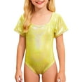 thumbnail image 1 of QUOTAY Girls Latin Dance Gymnastics Leotard Shiny Rhinestone Short Sleeve Unitard Performance Training for Competition Stage Shows Gold,100, 1 of 4