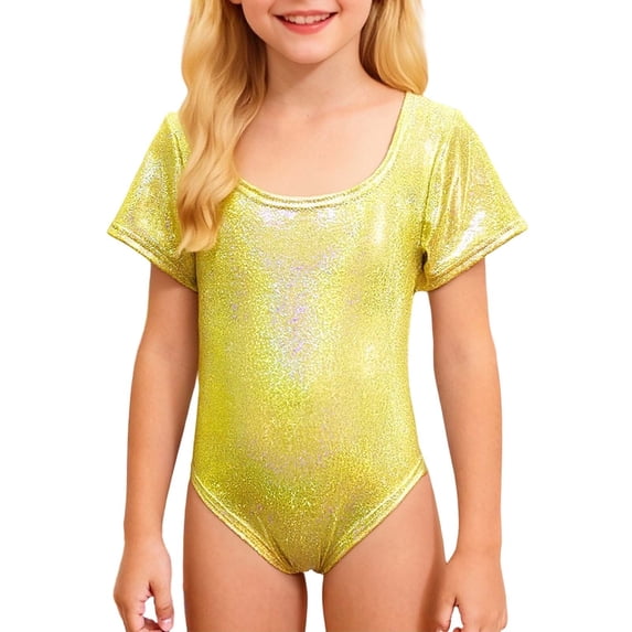 QUOTAY Girls Latin Dance Gymnastics Leotard Shiny Rhinestone Short Sleeve Unitard Performance Training for Competition Stage Shows Gold,100
