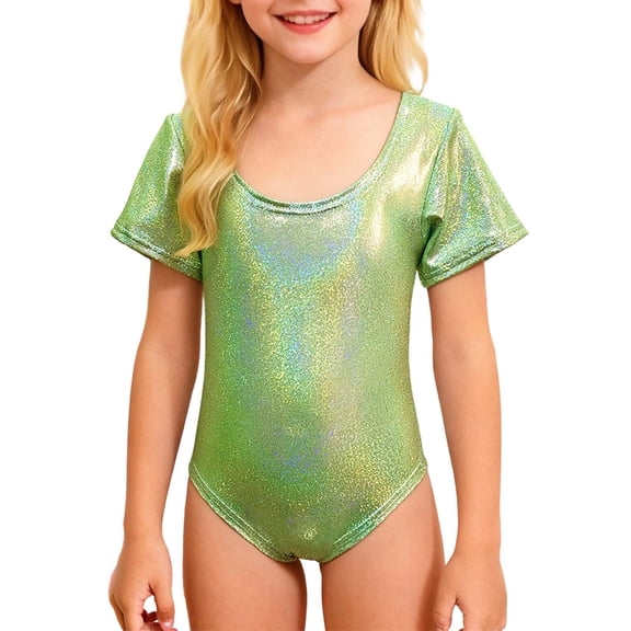 QUOTAY Girls Latin Dance Gymnastics Leotard Shiny Rhinestone Short Sleeve Unitard Performance Training for Competition Stage Shows Green,100