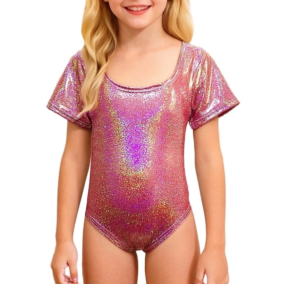 QUOTAY Girls Latin Dance Gymnastics Leotard Shiny Rhinestone Short Sleeve Unitard Performance Training for Competition Stage Shows Hot Pink,130